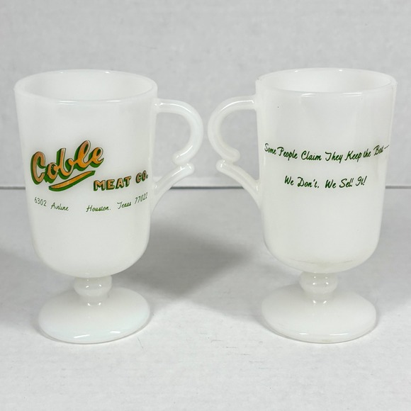 2 VTG MCM Milk Glass Footed Coffee Mugs SET Floral Band Pedestal Cobble Meat TX - Picture 10 of 10